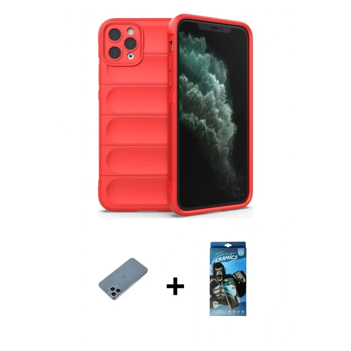 MARSİLYAN™- iPhone 11 Pro Max Kılıf Atlas Koleksiyonu - Siyah 34D Izgaralı Cam + Shine Kamera Lens Koruma Cam - SABE
