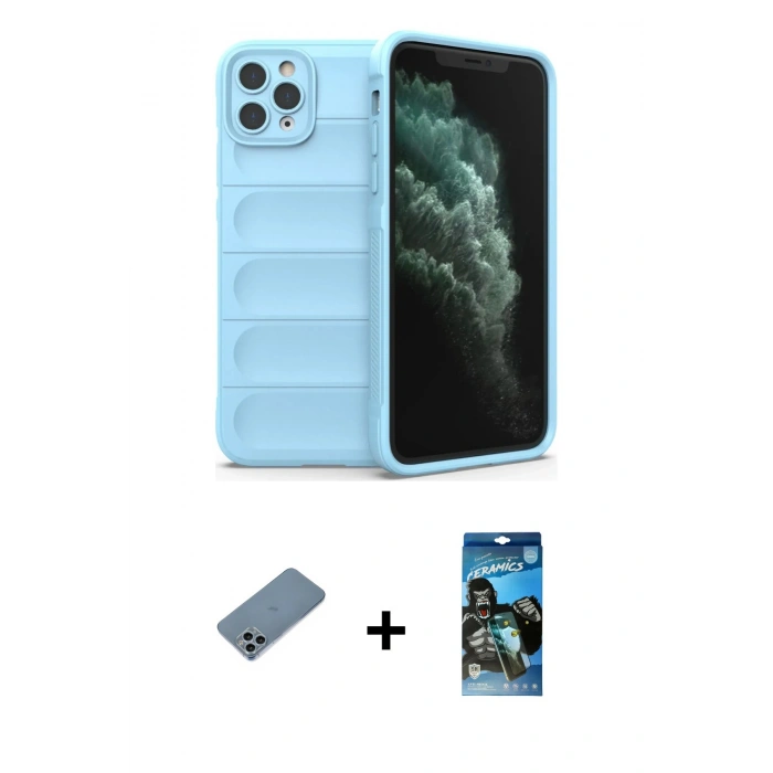 MARSİLYAN™- iPhone 11 Pro Max Kılıf Atlas Koleksiyonu - Siyah 34D Izgaralı Cam + Shine Kamera Lens Koruma Cam - SABE