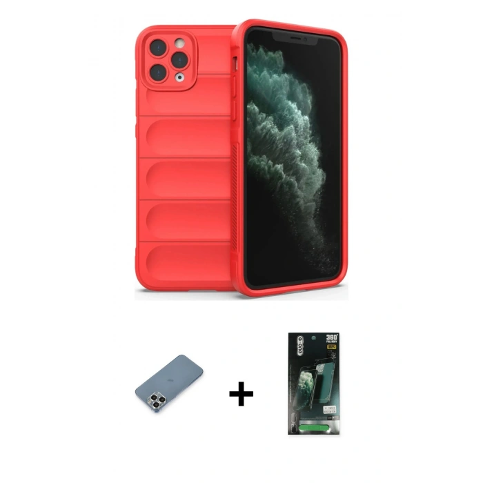 MARSİLYAN™- iPhone 11 Pro Max Kılıf Atlas Koleksiyonu - Siyah 360 Mat Full Body Arka Koruyucu + Gümüş Metal Kamera Lens Koruma Cam