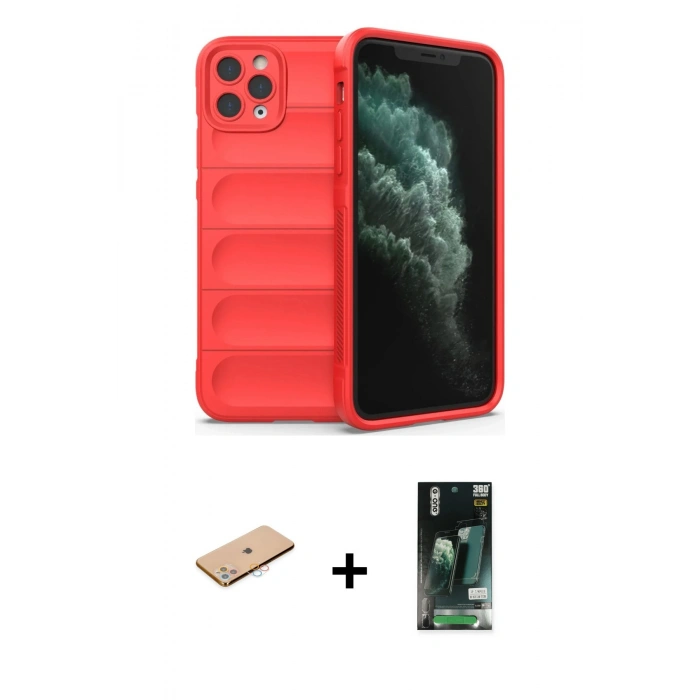 MARSİLYAN™- iPhone 11 Pro Max Kılıf Atlas Koleksiyonu - Siyah 360 Mat Full Body Arka Koruyucu + Renkli Kamera Lens Koruma Cam - PE
