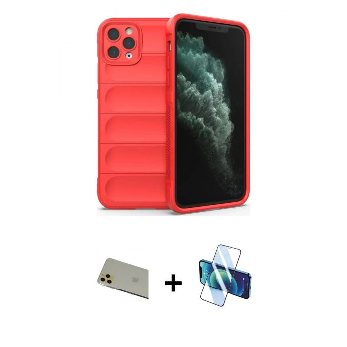 MARSİLYAN™- iPhone 11 Pro Max Kılıf Atlas Koleksiyonu - Siyah 3D Antistatik Cam Ekran Koruyucu + Rainbow Kamera Lens Koruma Cam - GD