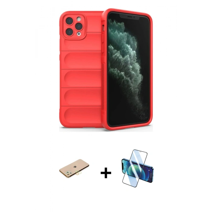 MARSİLYAN™- iPhone 11 Pro Max Kılıf Atlas Koleksiyonu - Siyah 3D Antistatik Cam Ekran Koruyucu + Renkli Kamera Lens Koruma Cam - SI