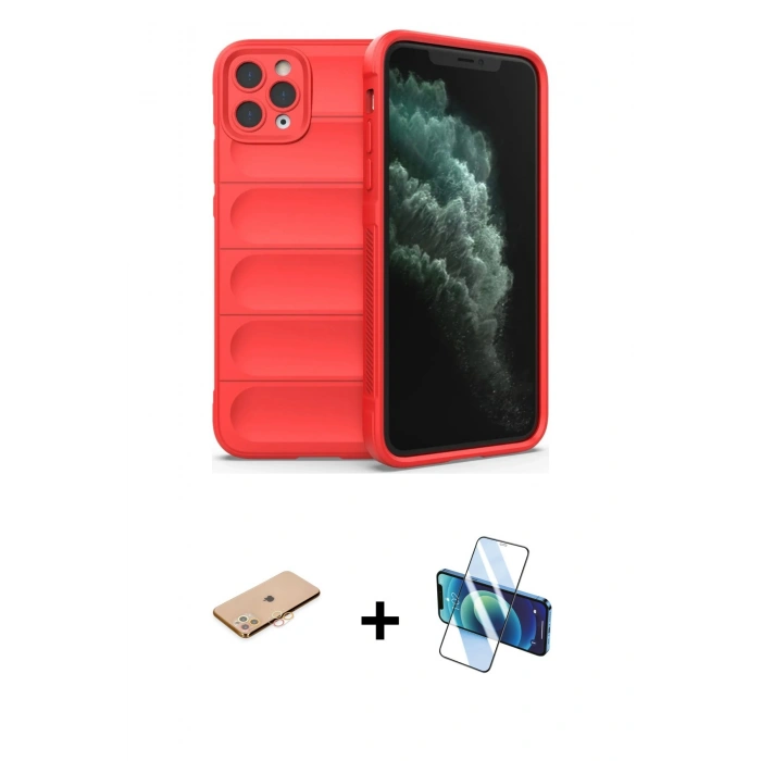 MARSİLYAN™- iPhone 11 Pro Max Kılıf Atlas Koleksiyonu - Siyah 3D Antistatik Cam Ekran Koruyucu + Renkli Kamera Lens Koruma Cam - TU