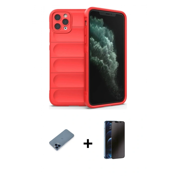 MARSİLYAN™- iPhone 11 Pro Max Kılıf Atlas Koleksiyonu - Siyah 3D Antistatik Hayalet Cam Ekran Koruyucu + Metal Kamera Lens Koruma Cam - MI
