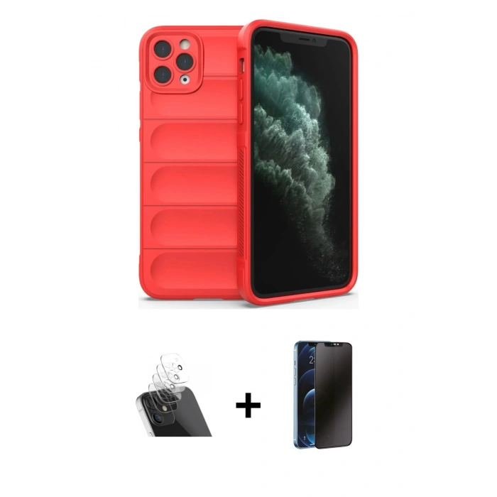 MARSİLYAN™- iPhone 11 Pro Max Kılıf Atlas Koleksiyonu - Siyah 3D Antistatik Hayalet Cam Ekran Koruyucu + Kamera Lens Koruma Cam - SF
