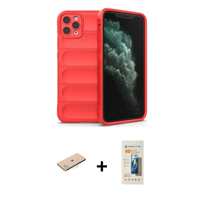 MARSİLYAN™- iPhone 11 Pro Max Kılıf Atlas Koleksiyonu - Siyah 6D Mat Seramik Hayalet Nano Ekran Koruyucu + Renkli Kamera Lens Koruma Cam - MI