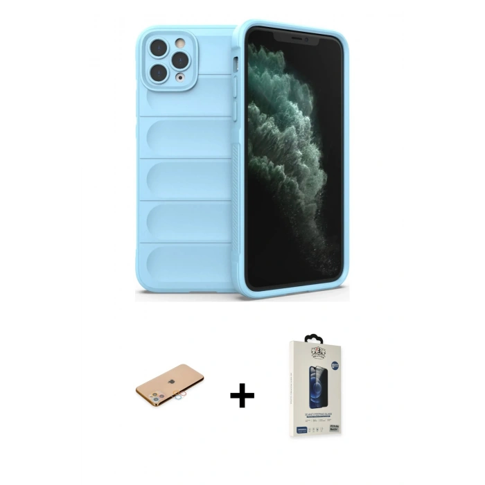 MARSİLYAN™- iPhone 11 Pro Max Kılıf Atlas Koleksiyonu - Siyah Bilvis Hayalet Cam Ekran Koruyucu + Renkli Kamera Lens Koruma Cam - PE