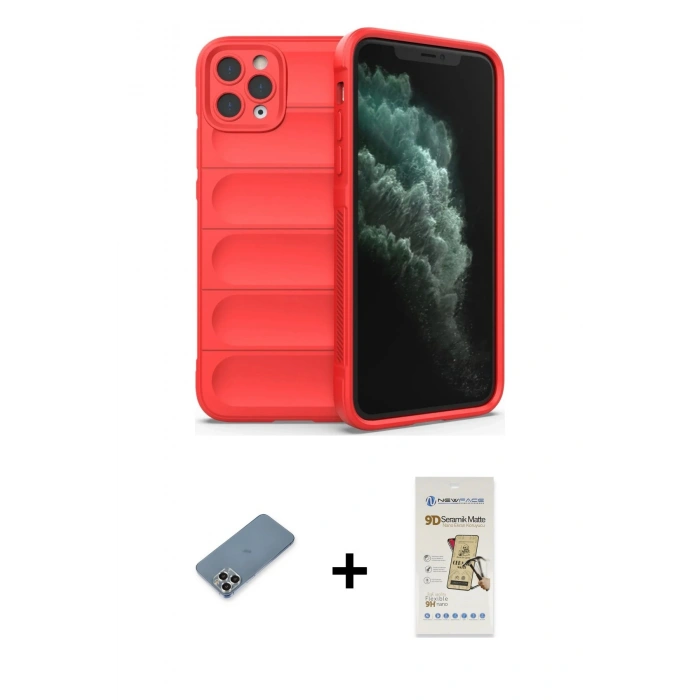 MARSİLYAN™- iPhone 11 Pro Max Kılıf Atlas Koleksiyonu - Siyah Mat Seramik Nano Ekran Koruyucu + Metal Kamera Lens Koruma Cam - GS