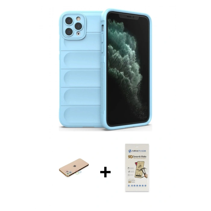 MARSİLYAN™- iPhone 11 Pro Max Kılıf Atlas Koleksiyonu - Siyah Mat Seramik Nano Ekran Koruyucu + Renkli Kamera Lens Koruma Cam - MI