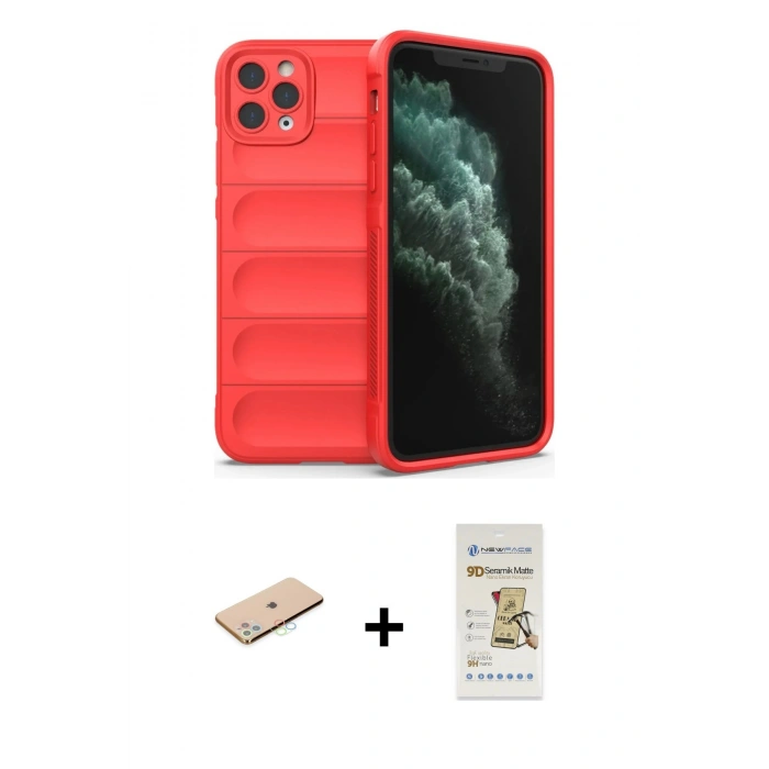 MARSİLYAN™- iPhone 11 Pro Max Kılıf Atlas Koleksiyonu - Siyah Mat Seramik Nano Ekran Koruyucu + Renkli Kamera Lens Koruma Cam - MI