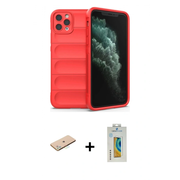 MARSİLYAN™- iPhone 11 Pro Max Kılıf Atlas Koleksiyonu - Siyah Polymer Nano Ekran Koruyucu + Renkli Kamera Lens Koruma Cam - MI