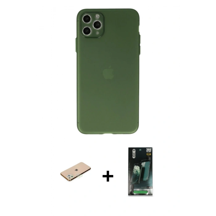MARSİLYAN™- iPhone 11 Pro Max Kılıf Atlas Minimal Prime - Şeffaf 360 Full Body Arka Koruyucu + Renkli Kamera Lens Koruma Cam - YL