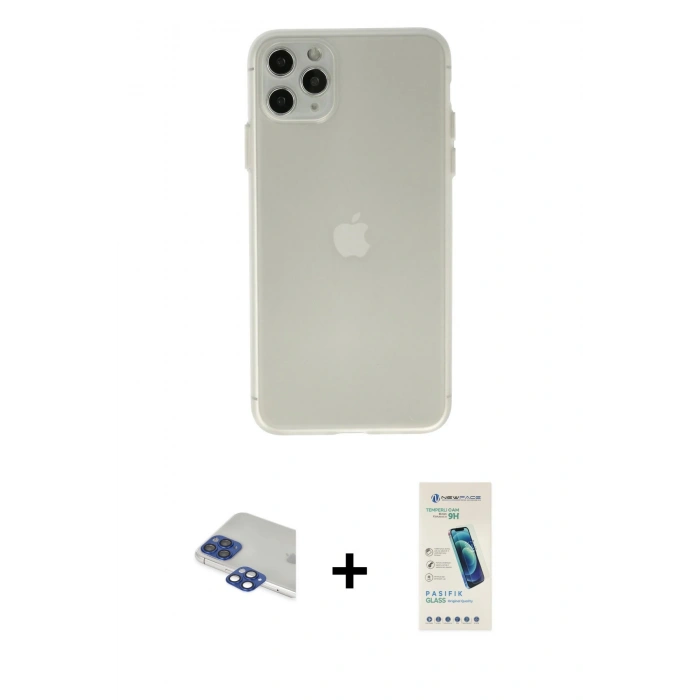 MARSİLYAN™- iPhone 11 Pro Max Kılıf Atlas Minimal Prime - Şeffaf Pasifik Cam Ekran Koruyucu + Pers Alüminyum Kamera Lens - LT