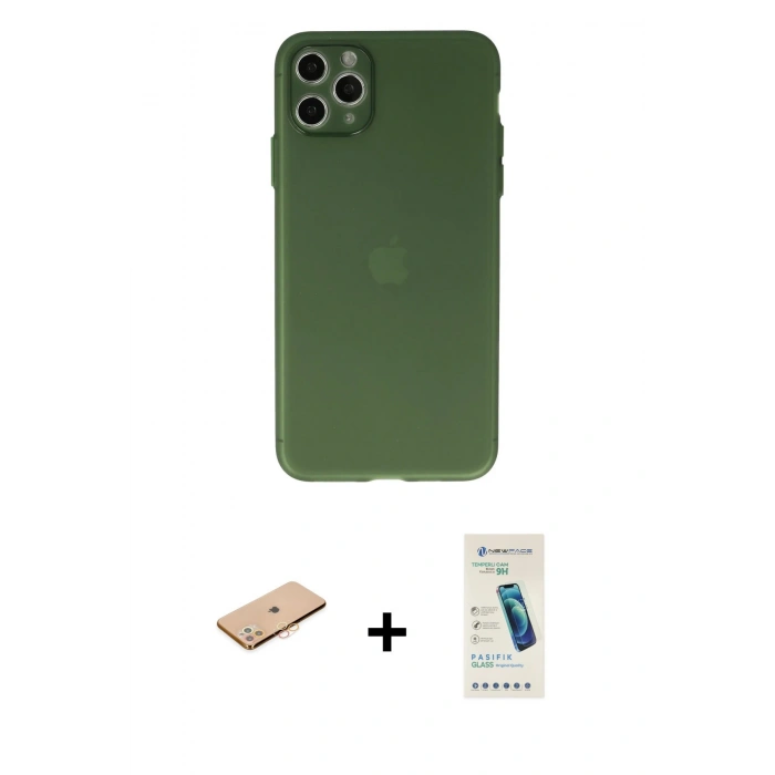 MARSİLYAN™- iPhone 11 Pro Max Kılıf Atlas Minimal Prime - Şeffaf Pasifik Cam Ekran Koruyucu + Renkli Kamera Lens Koruma Cam - TU