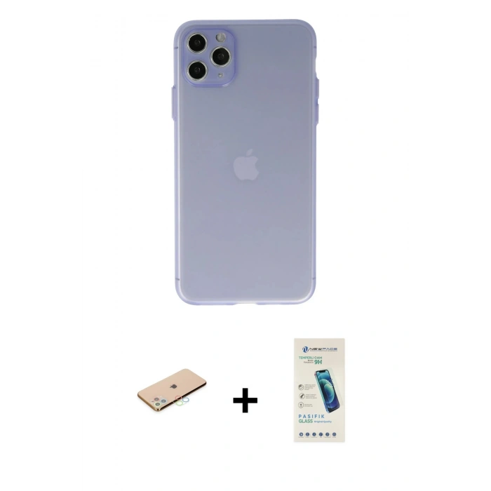 MARSİLYAN™- iPhone 11 Pro Max Kılıf Atlas Minimal Prime - Şeffaf Pasifik Cam Ekran Koruyucu + Renkli Kamera Lens Koruma Cam - MI