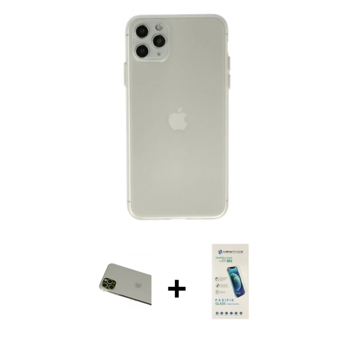 MARSİLYAN™- iPhone 11 Pro Max Kılıf Atlas Minimal Prime - Şeffaf Pasifik Cam Ekran Koruyucu + Rainbow Kamera Lens Koruma Cam - YL