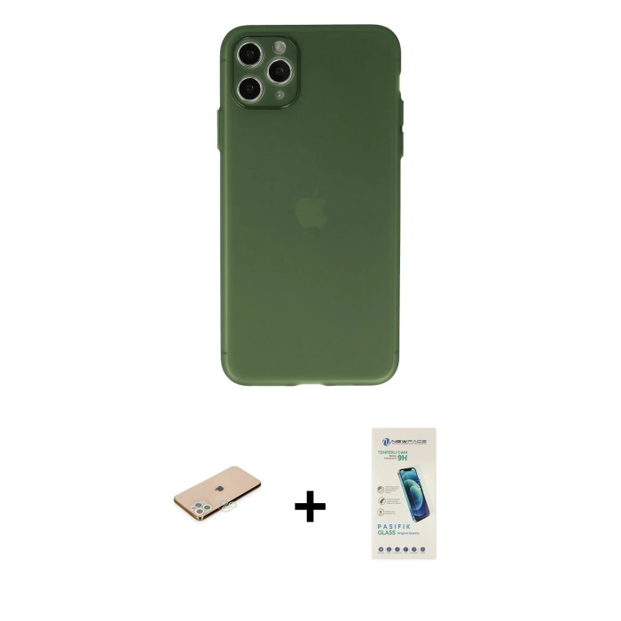 MARSİLYAN™- iPhone 11 Pro Max Kılıf Atlas Minimal Prime - Şeffaf Pasifik Cam Ekran Koruyucu + Renkli Kamera Lens Koruma Cam - YL