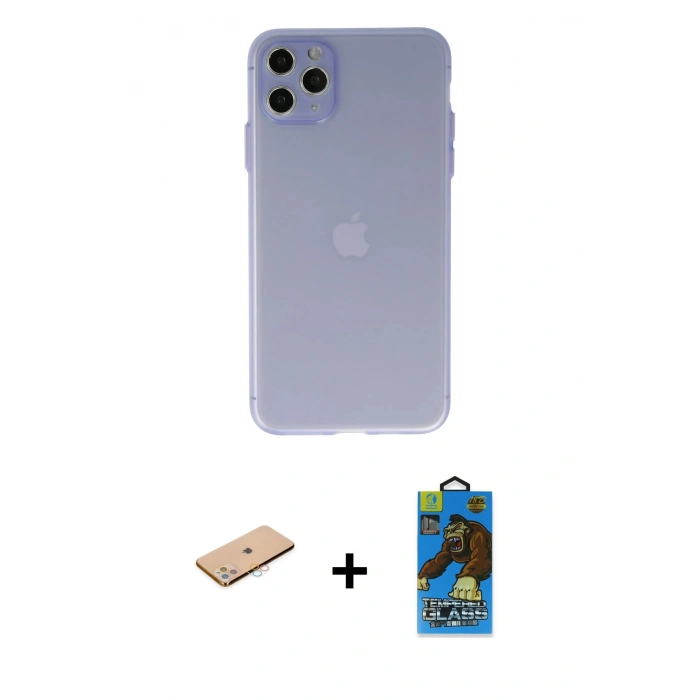 MARSİLYAN™- iPhone 11 Pro Max Kılıf Atlas Minimal Prime - Siyah 18D Cam Ekran Koruyucu + Renkli Kamera Lens Koruma Cam - PE