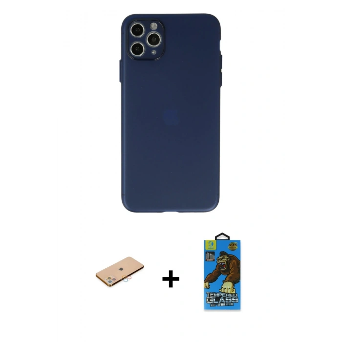 MARSİLYAN™- iPhone 11 Pro Max Kılıf Atlas Minimal Prime - Siyah 18D Cam Ekran Koruyucu + Renkli Kamera Lens Koruma Cam - PE