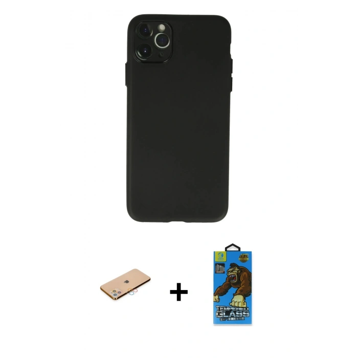 MARSİLYAN™- iPhone 11 Pro Max Kılıf Atlas Minimal Prime - Siyah 18D Cam Ekran Koruyucu + Renkli Kamera Lens Koruma Cam - PE