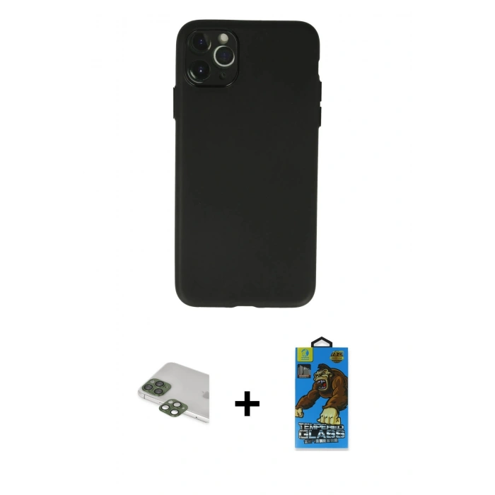 MARSİLYAN™- iPhone 11 Pro Max Kılıf Atlas Minimal Prime - Siyah 18D Cam Ekran Koruyucu + Yeşil Pers Alüminyum Kamera Lens