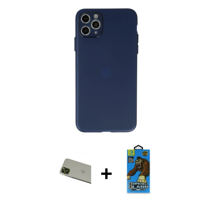 MARSİLYAN™- iPhone 11 Pro Max Kılıf Atlas Minimal Prime - Siyah 18D Cam Ekran Koruyucu + Yeşil Rainbow Kamera Lens Koruma Cam