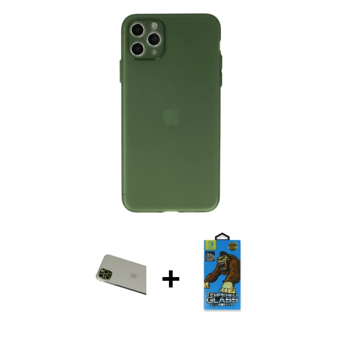 MARSİLYAN™- iPhone 11 Pro Max Kılıf Atlas Minimal Prime - Siyah 18D Cam Ekran Koruyucu + Yeşil Rainbow Kamera Lens Koruma Cam