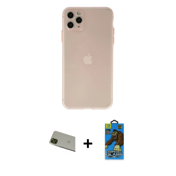 MARSİLYAN™- iPhone 11 Pro Max Kılıf Atlas Minimal Prime - Siyah 18D Cam Ekran Koruyucu + Yeşil Rainbow Kamera Lens Koruma Cam