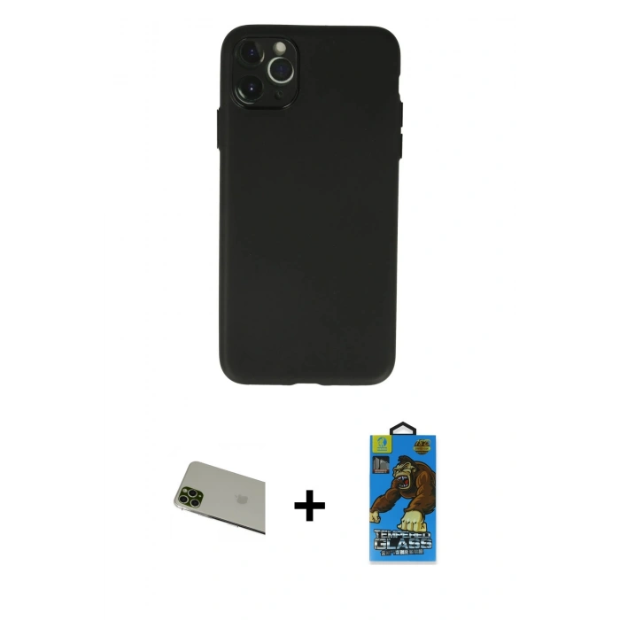MARSİLYAN™- iPhone 11 Pro Max Kılıf Atlas Minimal Prime - Siyah 18D Cam Ekran Koruyucu + Yeşil Rainbow Kamera Lens Koruma Cam