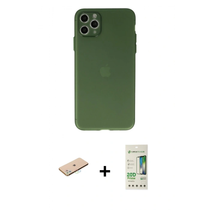 MARSİLYAN™- iPhone 11 Pro Max Kılıf Atlas Minimal Prime - Siyah 20D Premium Cam Ekran Koruyucu + Renkli Kamera Lens Koruma Cam - MI