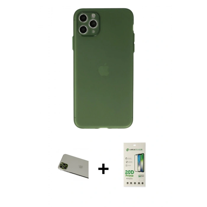 MARSİLYAN™- iPhone 11 Pro Max Kılıf Atlas Minimal Prime - Siyah 20D Premium Cam Ekran Koruyucu + Rainbow Kamera Lens Koruma Cam - YL