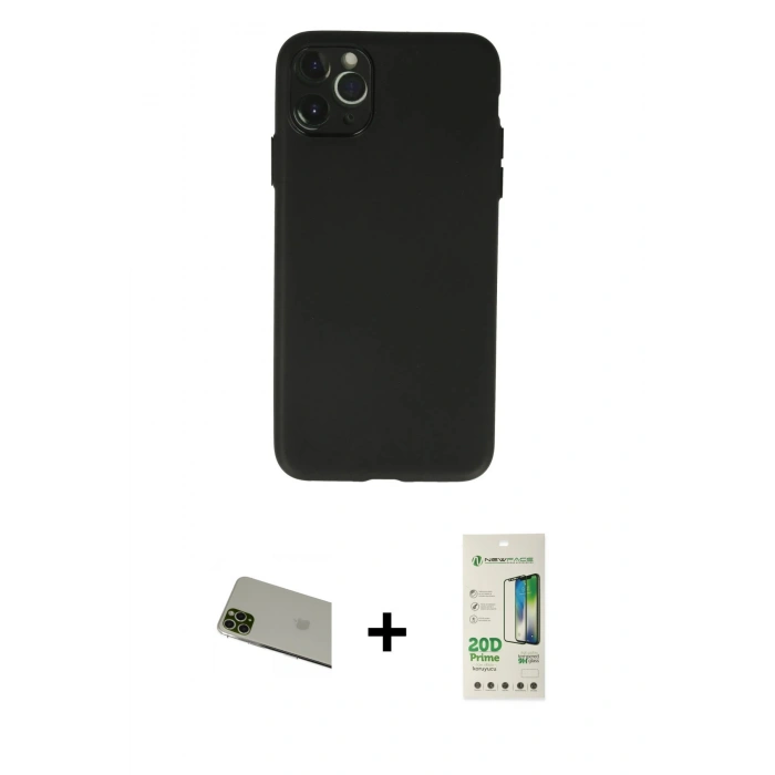 MARSİLYAN™- iPhone 11 Pro Max Kılıf Atlas Minimal Prime - Siyah 20D Premium Cam Ekran Koruyucu + Rainbow Kamera Lens Koruma Cam - YL