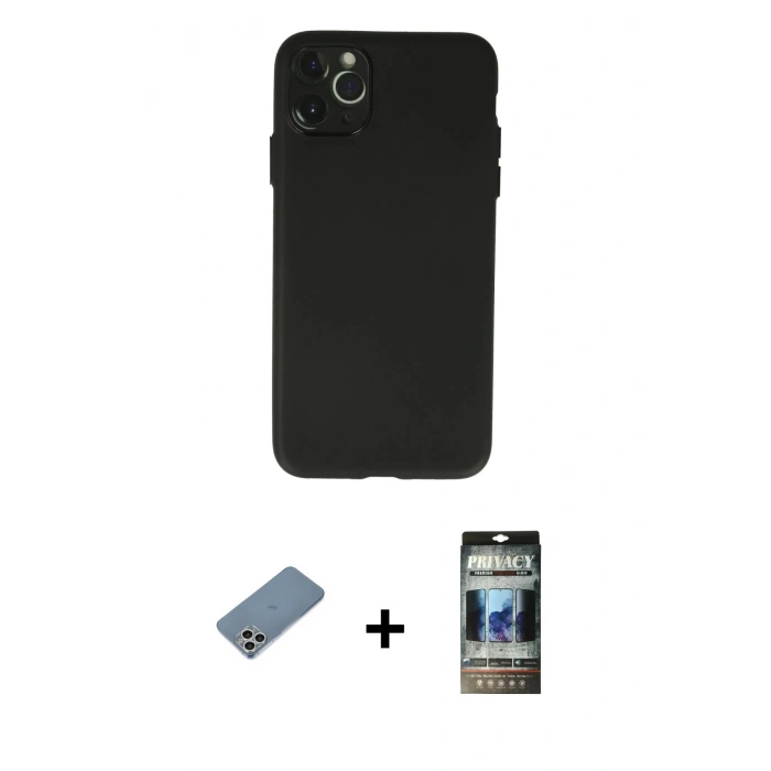 MARSİLYAN™- iPhone 11 Pro Max Kılıf Atlas Minimal Prime - Siyah 34D Hayalet Izgaralı Cam + Shine Kamera Lens Koruma Cam - GS
