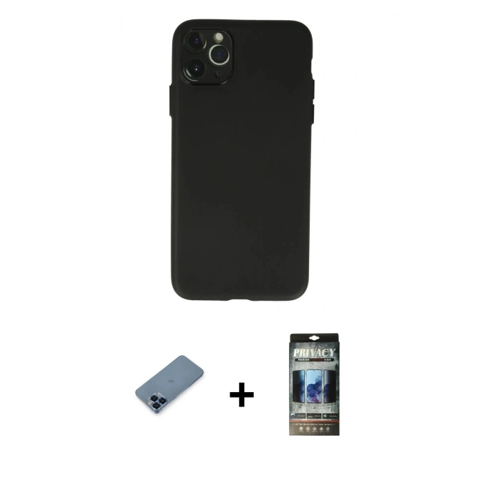 MARSİLYAN™- iPhone 11 Pro Max Kılıf Atlas Minimal Prime - Siyah 34D Hayalet Izgaralı Cam + Metal Kamera Lens Koruma Cam - MI