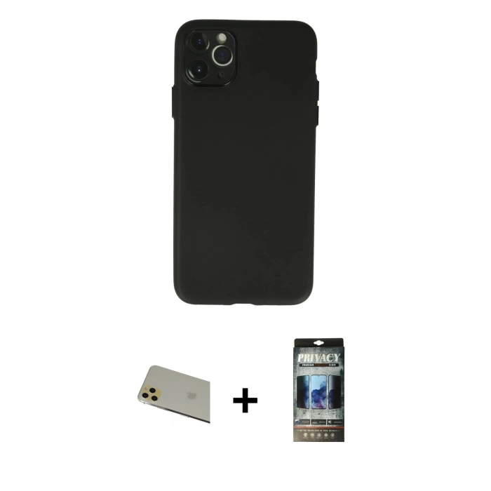 MARSİLYAN™- iPhone 11 Pro Max Kılıf Atlas Minimal Prime - Siyah 34D Hayalet Izgaralı Cam + Rainbow Kamera Lens Koruma Cam - GD
