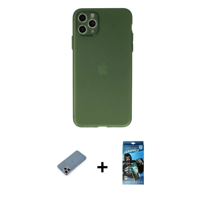 MARSİLYAN™- iPhone 11 Pro Max Kılıf Atlas Minimal Prime - Siyah 34D Izgaralı Cam + Metal Kamera Lens Koruma Cam - MR