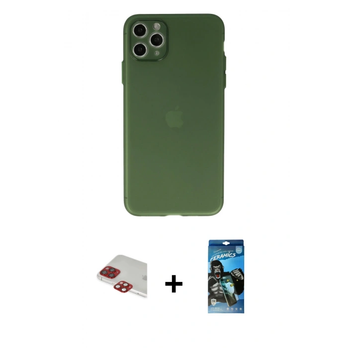 MARSİLYAN™- iPhone 11 Pro Max Kılıf Atlas Minimal Prime - Siyah 34D Izgaralı Cam + Pers Alüminyum Kamera Lens - KI