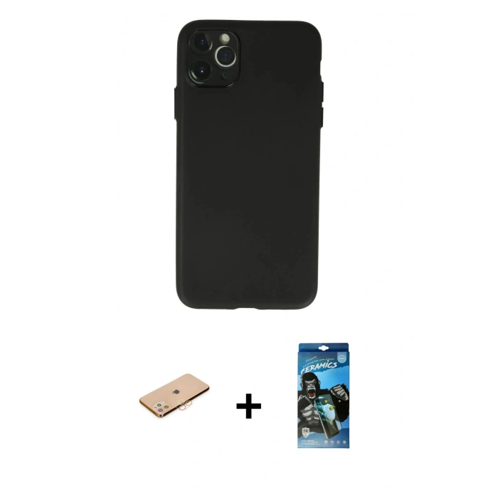 MARSİLYAN™- iPhone 11 Pro Max Kılıf Atlas Minimal Prime - Siyah 34D Izgaralı Cam + Renkli Kamera Lens Koruma Cam - TU