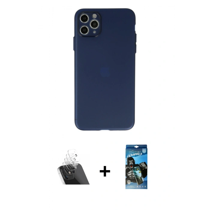 MARSİLYAN™- iPhone 11 Pro Max Kılıf Atlas Minimal Prime - Siyah 34D Izgaralı Cam + Kamera Lens Koruma Cam - SF