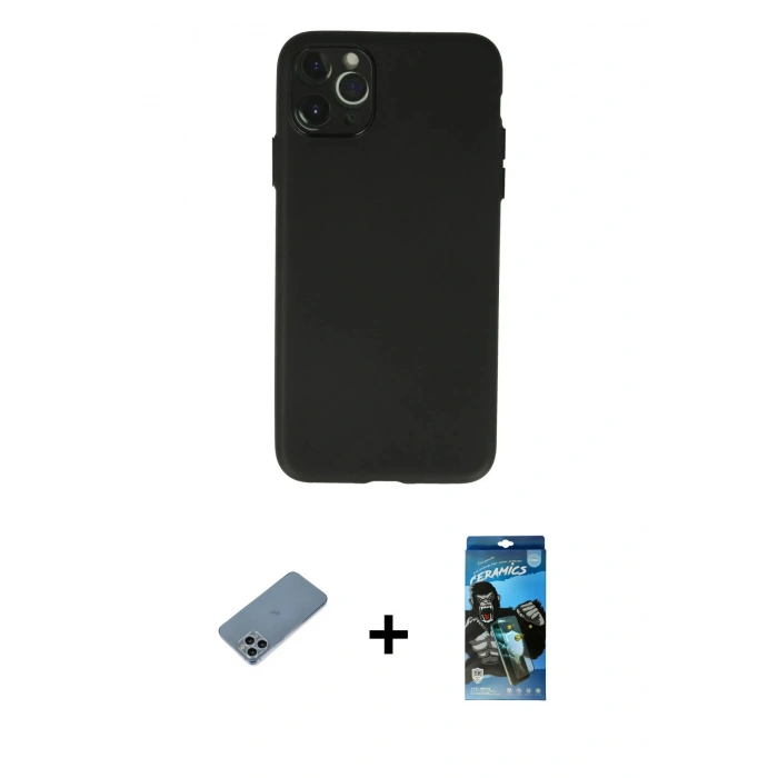 MARSİLYAN™- iPhone 11 Pro Max Kılıf Atlas Minimal Prime - Siyah 34D Izgaralı Cam + Sierra Blue Shine Kamera Lens Koruma Cam