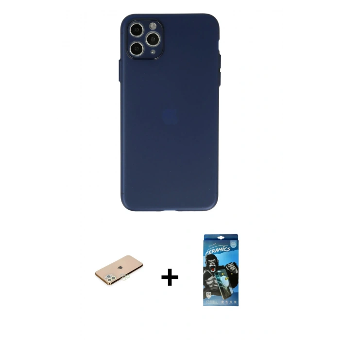 MARSİLYAN™- iPhone 11 Pro Max Kılıf Atlas Minimal Prime - Siyah 34D Izgaralı Cam + Renkli Kamera Lens Koruma Cam - YL