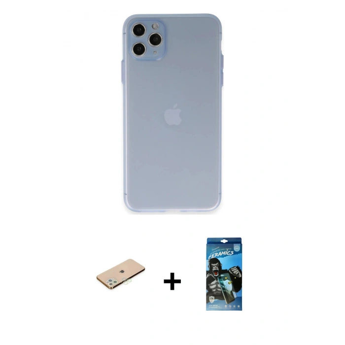 MARSİLYAN™- iPhone 11 Pro Max Kılıf Atlas Minimal Prime - Siyah 34D Izgaralı Cam + Renkli Kamera Lens Koruma Cam - YL