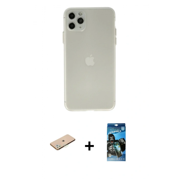MARSİLYAN™- iPhone 11 Pro Max Kılıf Atlas Minimal Prime - Siyah 34D Izgaralı Cam + Renkli Kamera Lens Koruma Cam - YL