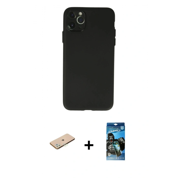 MARSİLYAN™- iPhone 11 Pro Max Kılıf Atlas Minimal Prime - Siyah 34D Izgaralı Cam + Renkli Kamera Lens Koruma Cam - YL