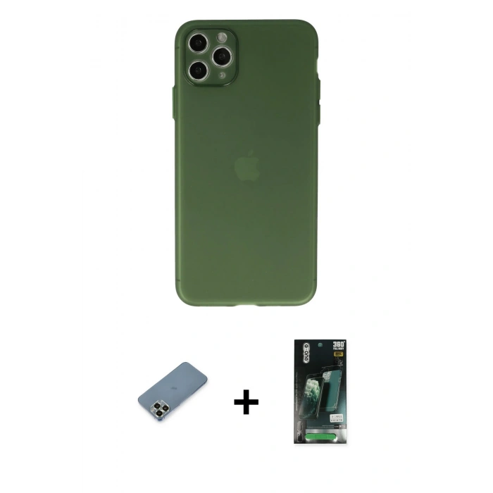 MARSİLYAN™- iPhone 11 Pro Max Kılıf Atlas Minimal Prime - Siyah 360 Mat Full Body Arka Koruyucu + Metal Kamera Lens Koruma Cam - AKYL