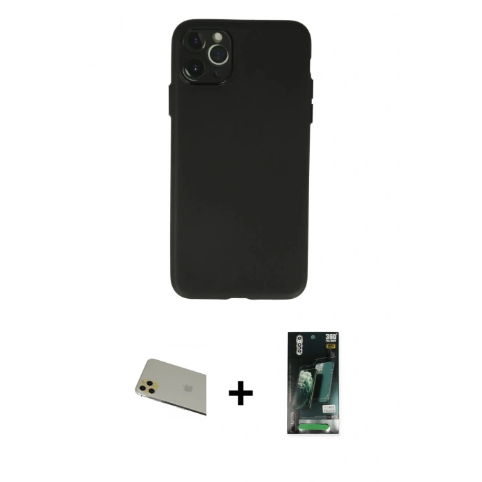 MARSİLYAN™- iPhone 11 Pro Max Kılıf Atlas Minimal Prime - Siyah 360 Mat Full Body Arka Koruyucu + Rainbow Kamera Lens Koruma Cam - GD
