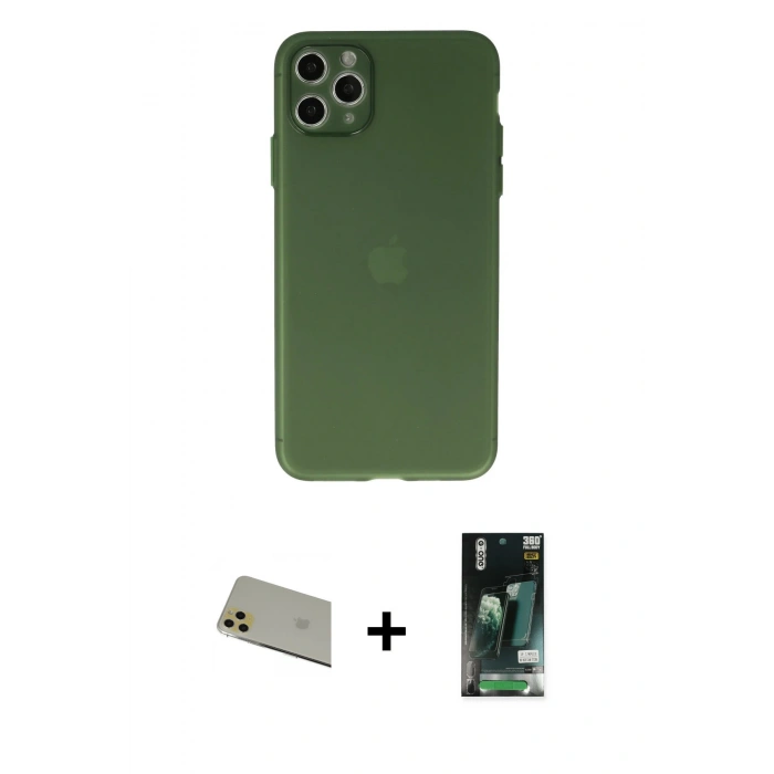 MARSİLYAN™- iPhone 11 Pro Max Kılıf Atlas Minimal Prime - Siyah 360 Mat Full Body Arka Koruyucu + Rainbow Kamera Lens Koruma Cam - GD