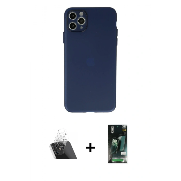 MARSİLYAN™- iPhone 11 Pro Max Kılıf Atlas Minimal Prime - Siyah 360 Mat Full Body Arka Koruyucu + Kamera Lens Koruma Cam - SF
