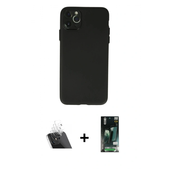 MARSİLYAN™- iPhone 11 Pro Max Kılıf Atlas Minimal Prime - Siyah 360 Mat Full Body Arka Koruyucu + Kamera Lens Koruma Cam - SF