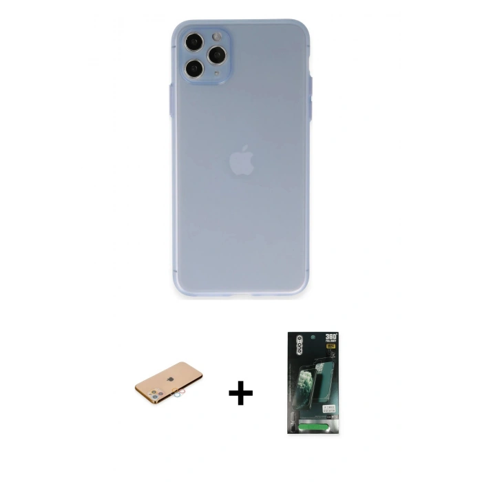 MARSİLYAN™- iPhone 11 Pro Max Kılıf Atlas Minimal Prime - Siyah 360 Mat Full Body Arka Koruyucu + Renkli Kamera Lens Koruma Cam - PE